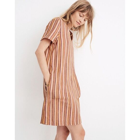 Madewell Button Back Easy Dress In Rainbow Stripe XL Linen Blend - Picture 2 of 11